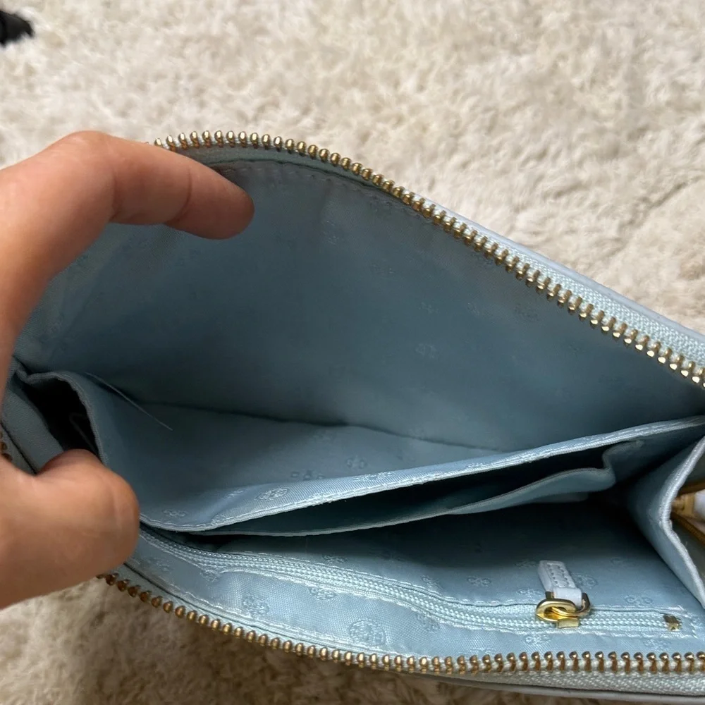 Tory Burch Sky Blue Britten Large Zip Pouch Wristlet with Gold Logo